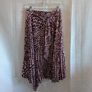 Topshop Pleated Animal Print Midi Skirt Pink Asymmetrical Hem Feminine Size 4